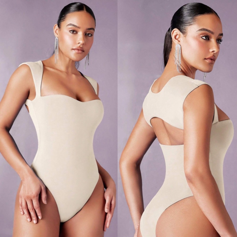 Beige Slim Fit Bodysuit Sweetheart Décolleté Neckline
